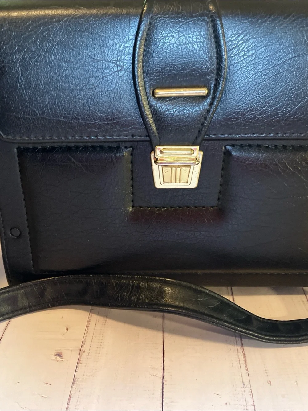 Vintage Amiet Camera Bag Faux Leather Crossbody Case Black Blue Interior